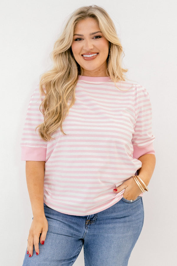 Chic Soul plus size clothing, pink-white stripe print top with short sleeves and round neckline with slight puff sleeve