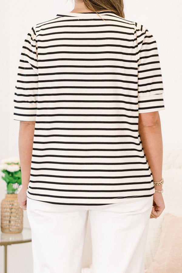 Plus Size black and white horizontal striped cotton top with short sleeves and a crew neckline.
