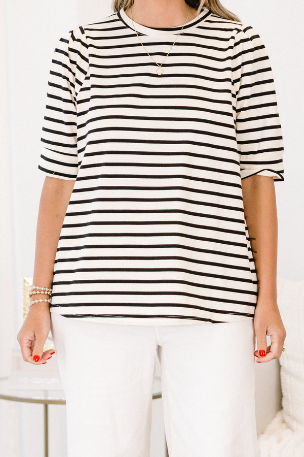 Plus Size black and white horizontal striped cotton top with short sleeves and a crew neckline.