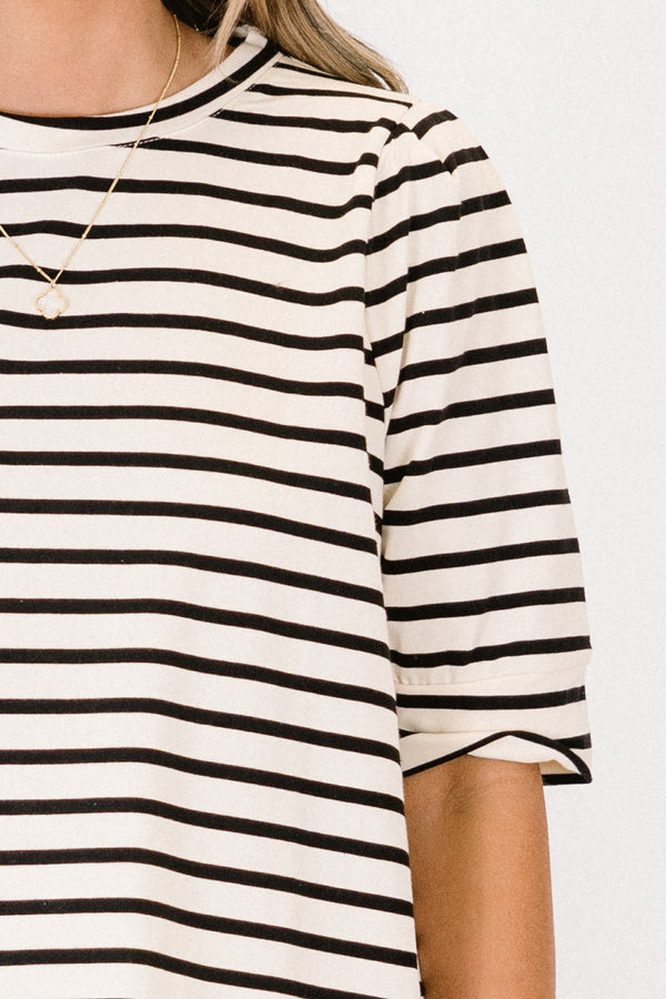 Plus Size black and white horizontal striped cotton top with short sleeves and a crew neckline.