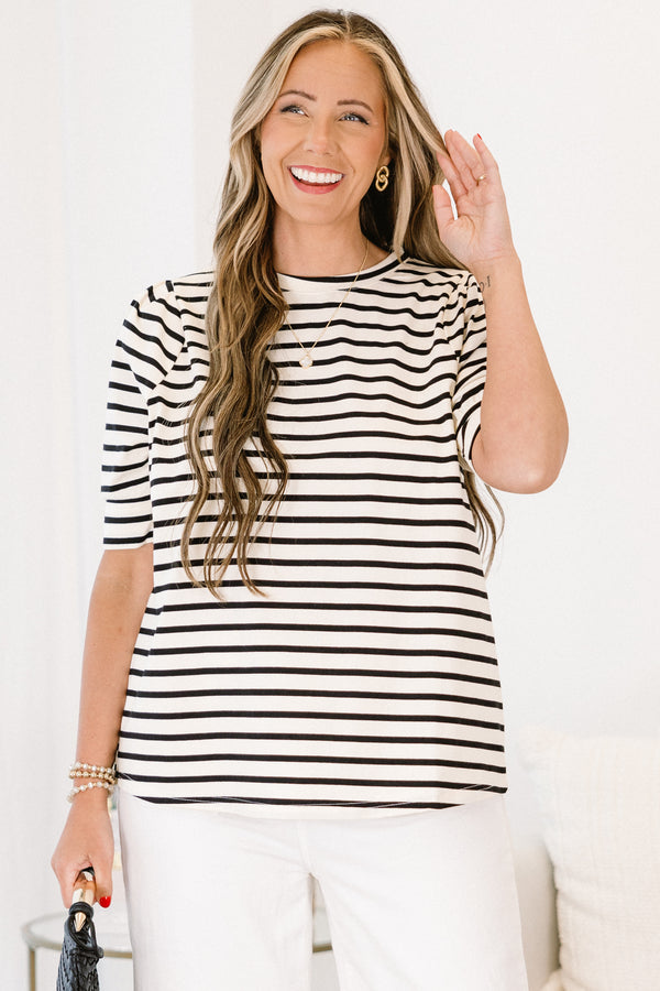 Plus Size black and white horizontal striped cotton top with short sleeves and a crew neckline.