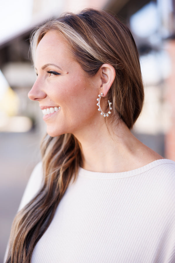Chic Soul plus size clothing, silver hoop earrings with beaded detailing