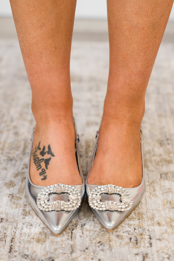 Chic Soul plus size clothing, silver pointed kitten heels with a ring shape of gemstone on top and a sling-back 