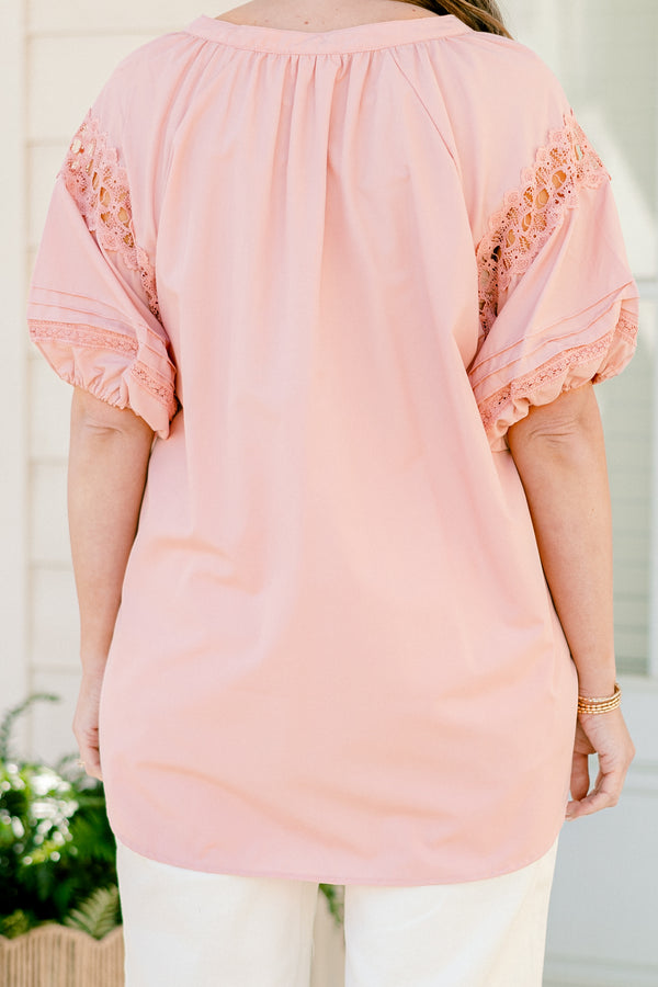 Chic Soul plus size clothing, short-puffed-sleeve light pale pink top with a split-v-neckline and a high-low hemline with lace detailing along the sleeves
