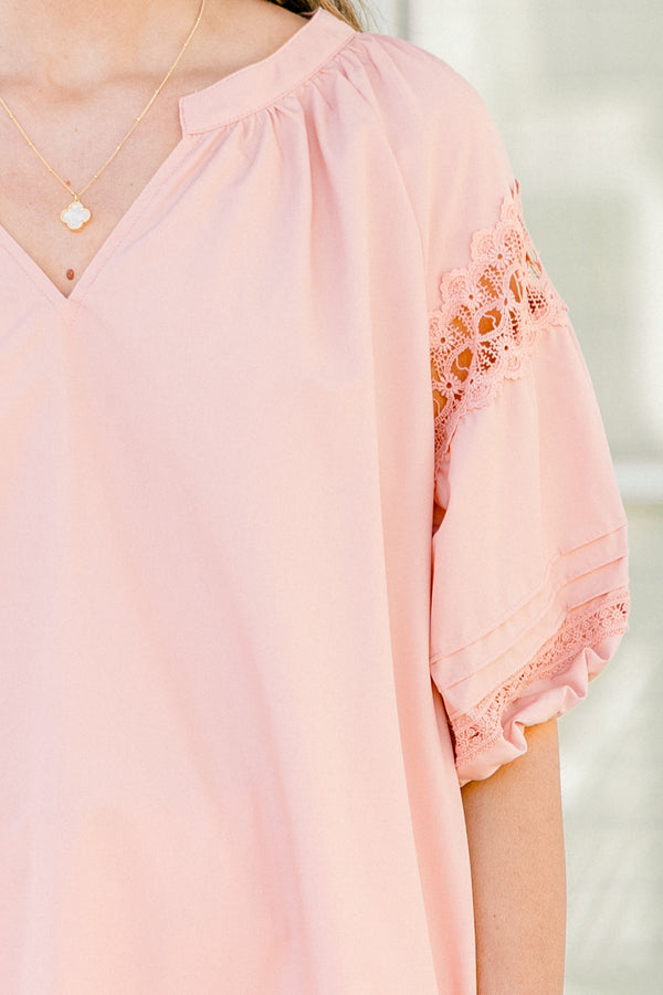 Chic Soul plus size clothing, short-puffed-sleeve light pale pink top with a split-v-neckline and a high-low hemline with lace detailing along the sleeves