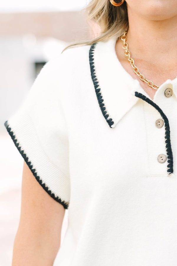 Plus Size cream short-sleeve knit sweater with black scalloped trim and a button-down polo collar.