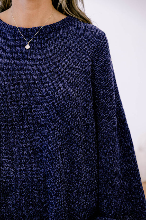 Chic Soul plus size clothing, navy fuzzy knit long sleeve relaxed fit crew neck straight hem sweater