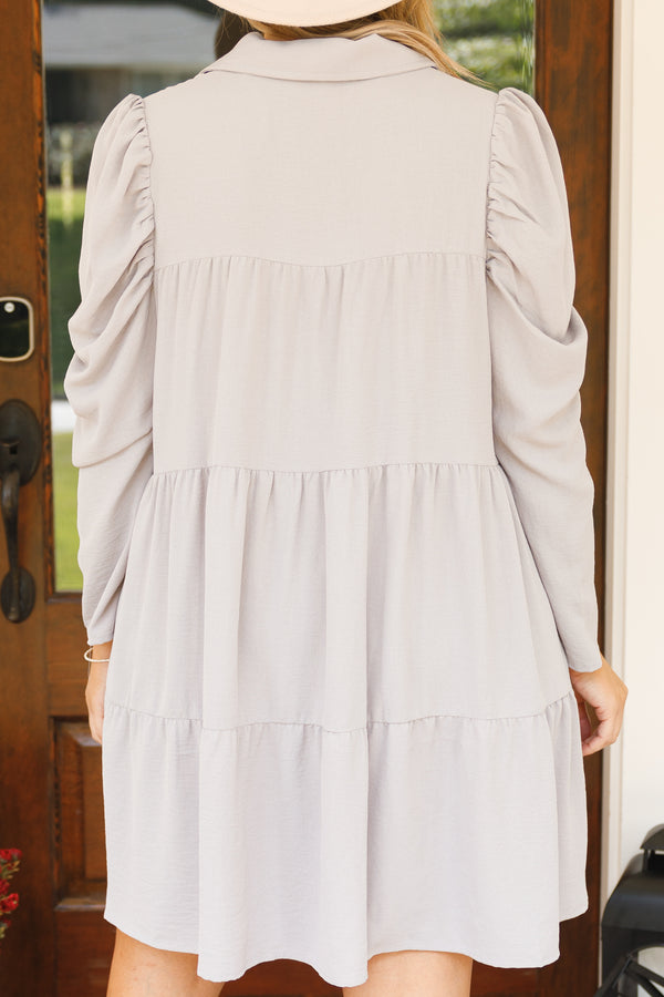 Chic Soul plus size clothing, silver colored long sleeve flowy button down dress