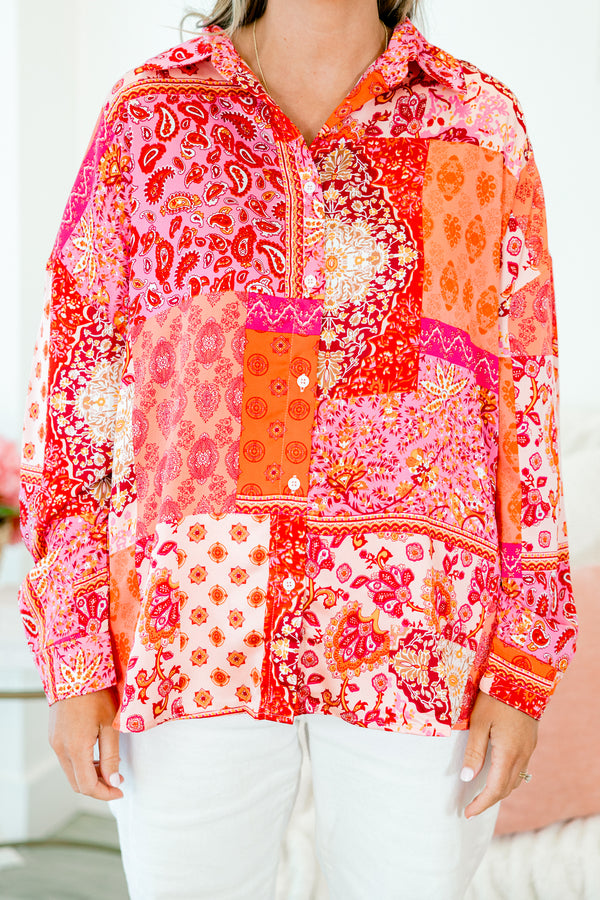 Chic Soul plus size clothing, patch print pink, red, and orange long sleeve button up top 