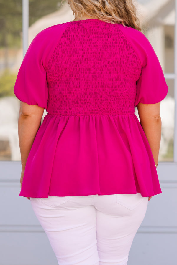 Chic Soul plus size clothing, short sleeve smocked bodice dark pink baby doll top with puffed sleeves