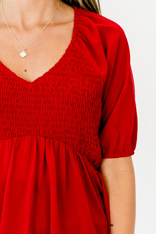 Chic Soul plus size clothing, red short-bubble sleeve v-neck babydoll top