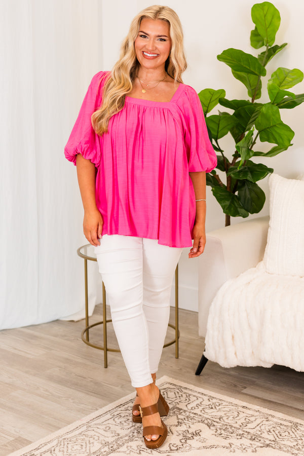 Chic Soul plus size clothing, fuchsia short sleeve flowy top with square neckline and puff sleeves