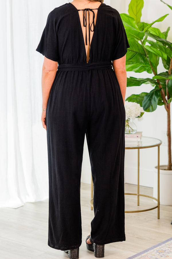 Chic Soul plus size clothing, black jumpsuit with cross over top and tie belt at waist