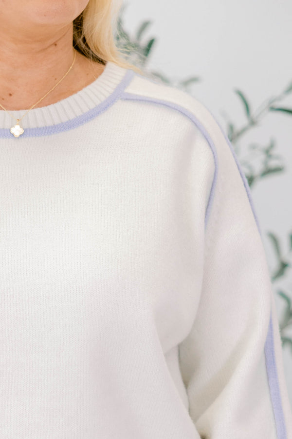 Chic Soul plus size clothing, white long sleeve crew neck sweater with blue stitching trim detailing