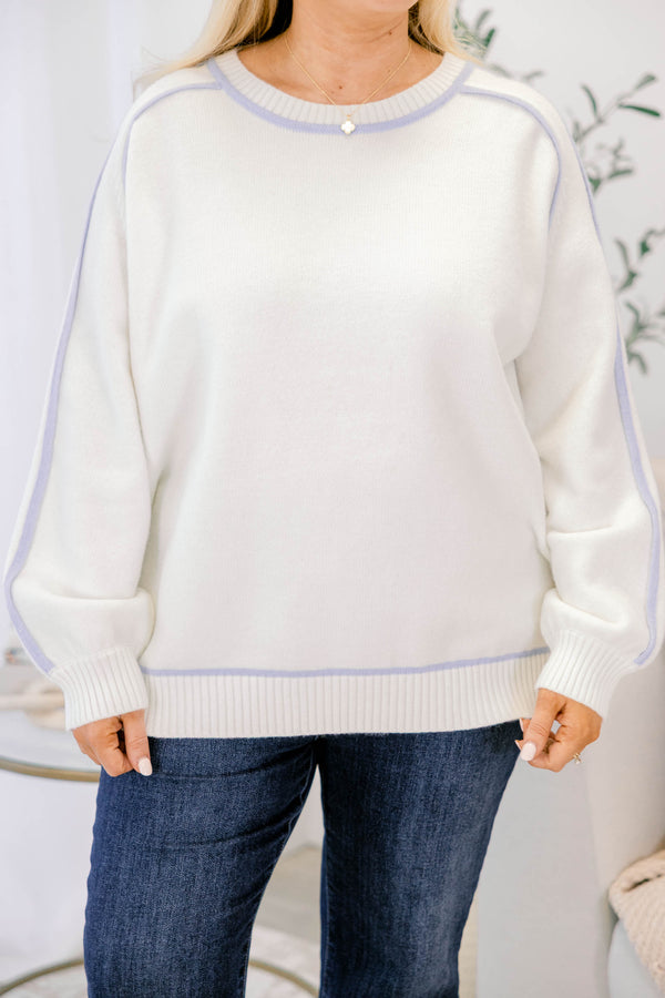 Chic Soul plus size clothing, white long sleeve crew neck sweater with blue stitching trim detailing