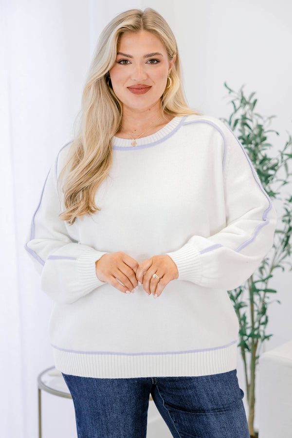 Chic Soul plus size clothing, white long sleeve crew neck sweater with blue stitching trim detailing