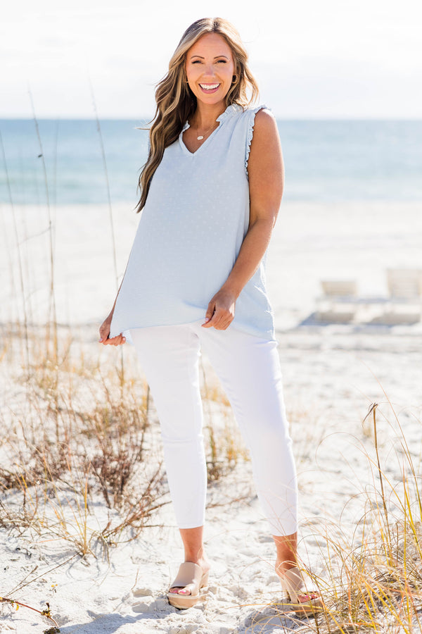 Chic Soul plus size clothing, blue sleeveless tank top with ruffle sleeves and neckline with v cutout along neckline