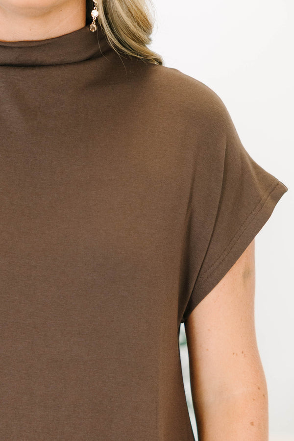 Plus Size brown short sleeve mock neck top in a soft modal blend.