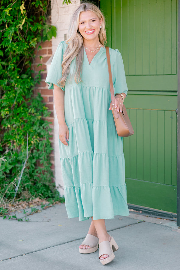 Chic Soul plus size clothing, mint half-sleeve ruffle cuffs v-neck tiered midi dress