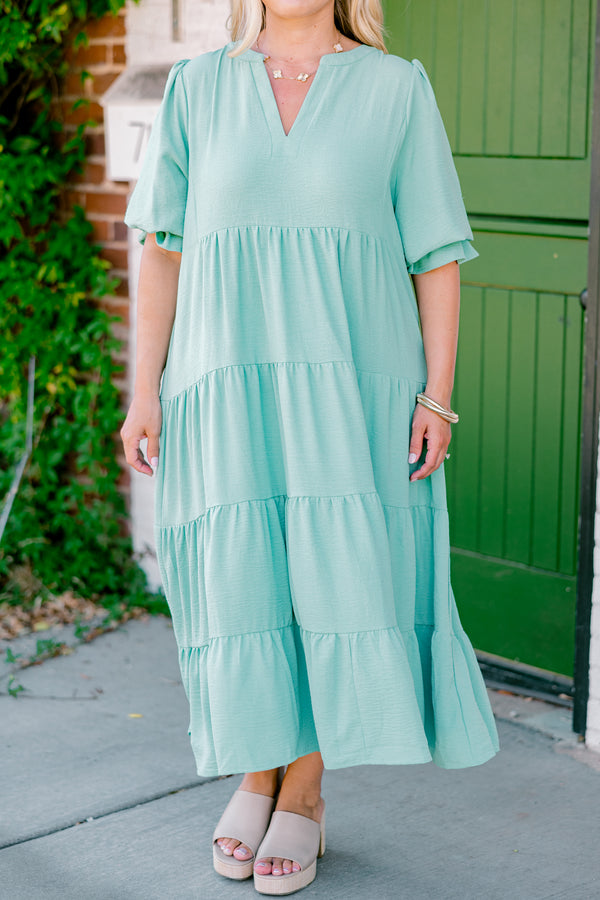 Chic Soul plus size clothing, mint half-sleeve ruffle cuffs v-neck tiered midi dress