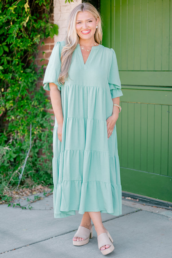 Chic Soul plus size clothing, mint half-sleeve ruffle cuffs v-neck tiered midi dress