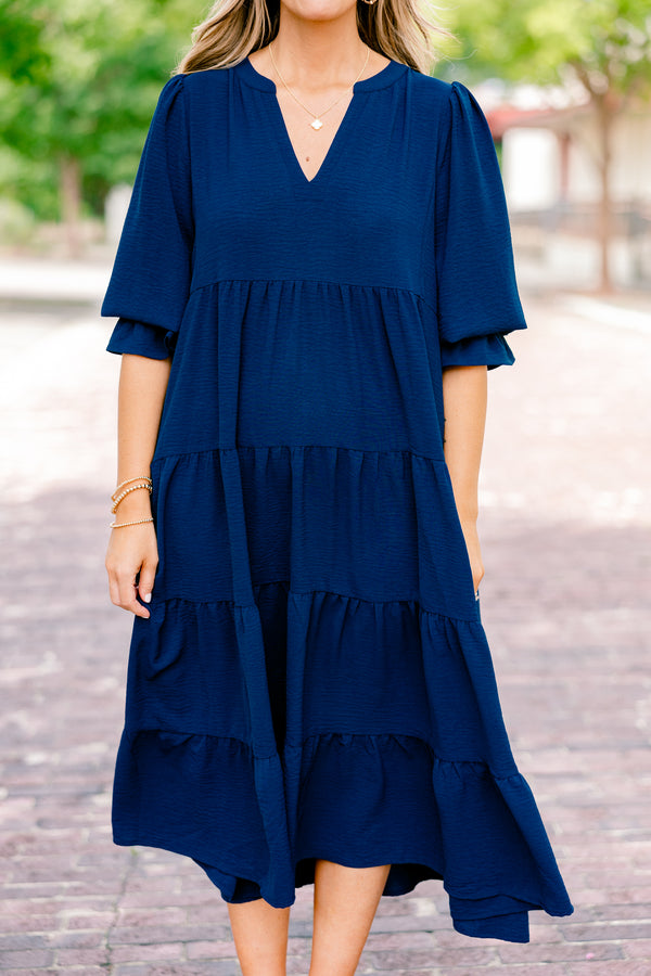 Chic Soul plus size clothing, navy blue flutter cuff half sleeve shallow v-neck tiered midi dress