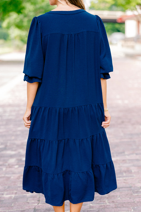 Chic Soul plus size clothing, navy blue flutter cuff half sleeve shallow v-neck tiered midi dress