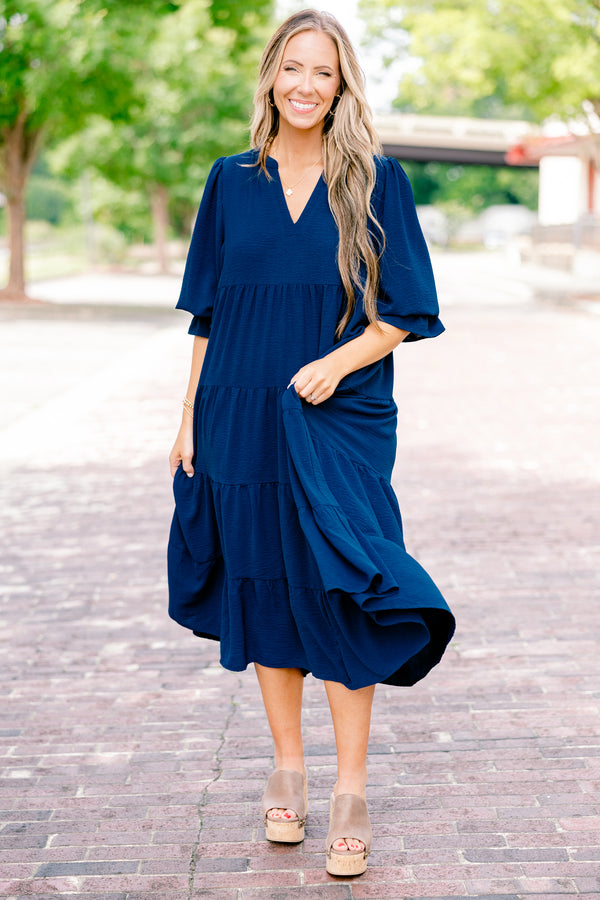 Chic Soul plus size clothing, navy blue flutter cuff half sleeve shallow v-neck tiered midi dress