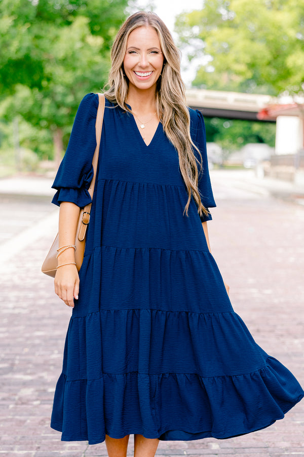 Chic Soul plus size clothing, navy blue flutter cuff half sleeve shallow v-neck tiered midi dress