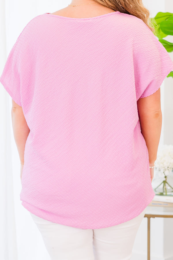 Chic Soul plus size clothing, short-sleeve pink top with high scoop neckline