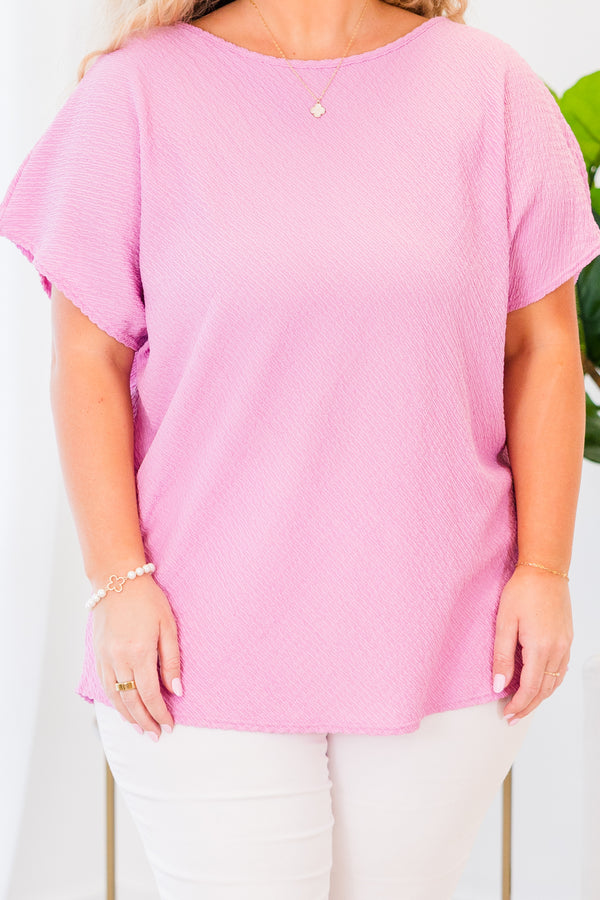 Chic Soul plus size clothing, short-sleeve pink top with high scoop neckline
