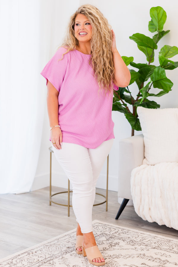 Chic Soul plus size clothing, short-sleeve pink top with high scoop neckline