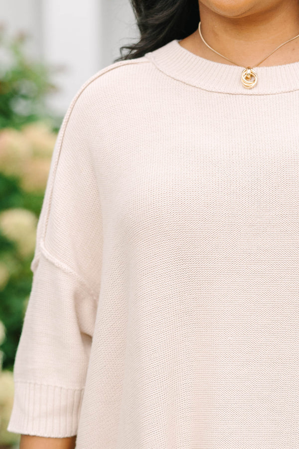 Plus size oatmeal oversized knit sweater with a flowy fit and short sleeves.