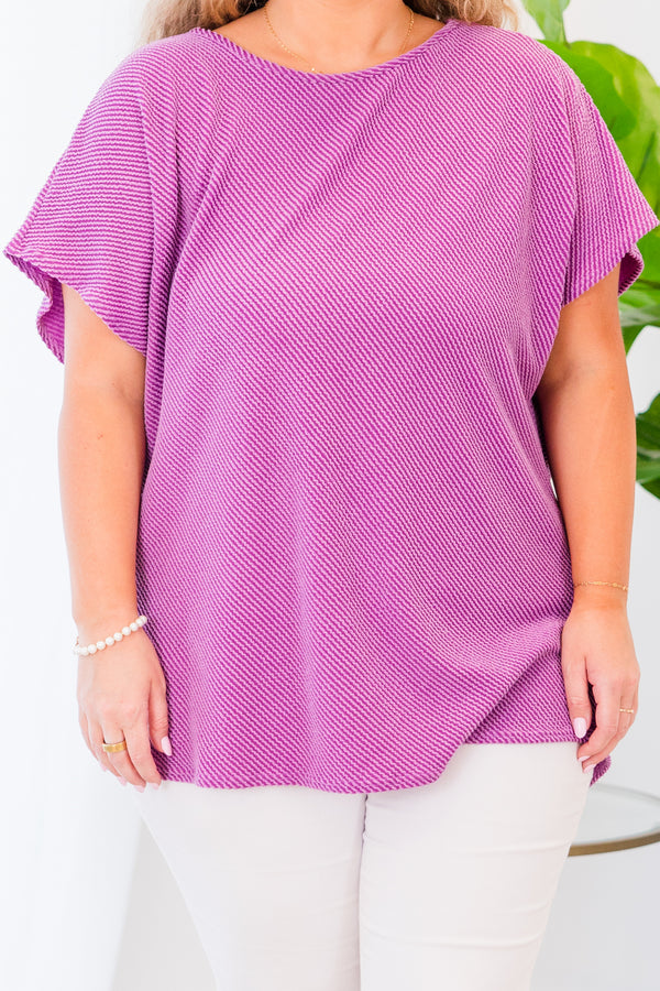 Chic Soul plus size clothing, short-sleeve ribbed purple top with high-scoop-neckline