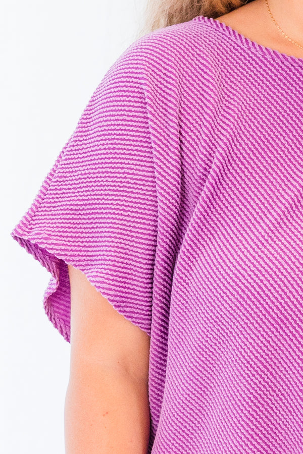 Chic Soul plus size clothing, short-sleeve ribbed purple top with high-scoop-neckline