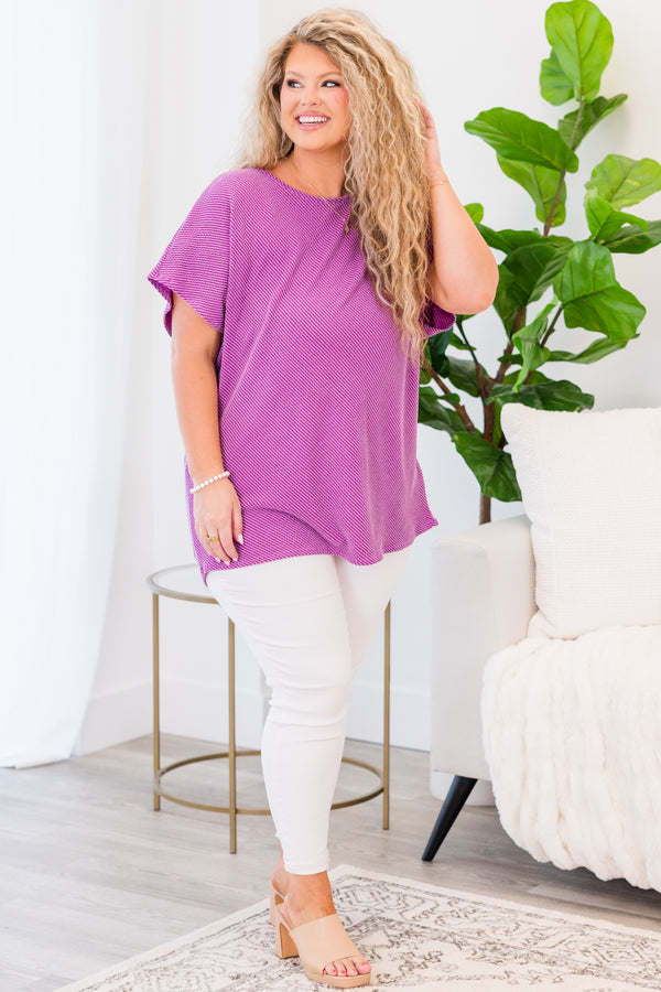 Chic Soul plus size clothing, short-sleeve ribbed purple top with high-scoop-neckline