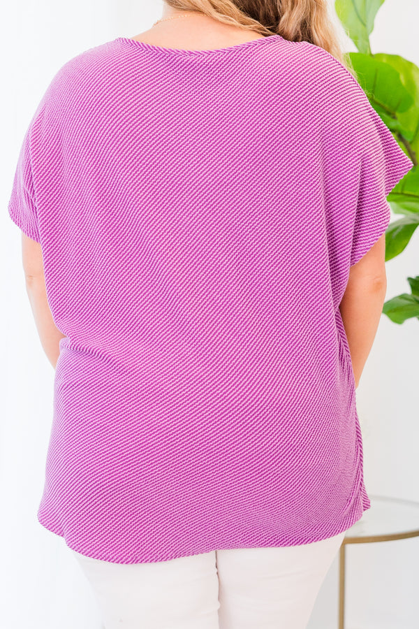Chic Soul plus size clothing, short-sleeve ribbed purple top with high-scoop-neckline