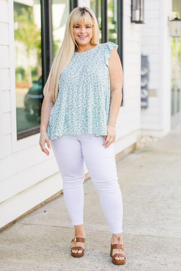 Chic Soul plus size clothing, short sleeve sage green and white floral top