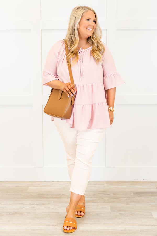 Chic Soul plus size clothing, dusty pink short sleeve ruffle tiered top with round neckline with tie neck detail