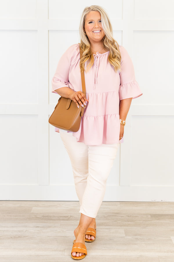 Chic Soul plus size clothing, dusty pink short sleeve ruffle tiered top with round neckline with tie neck detail