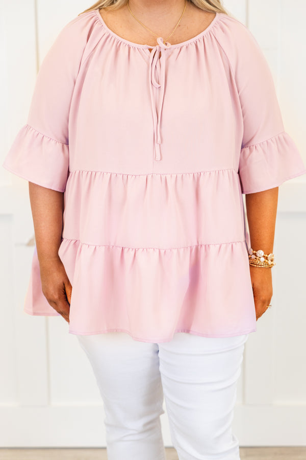 Chic Soul plus size clothing, dusty pink short sleeve ruffle tiered top with round neckline with tie neck detail