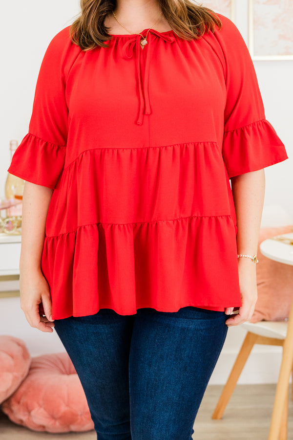 Chic Soul plus size clothing, short-sleeve red ruffled top with a tie on the neckline