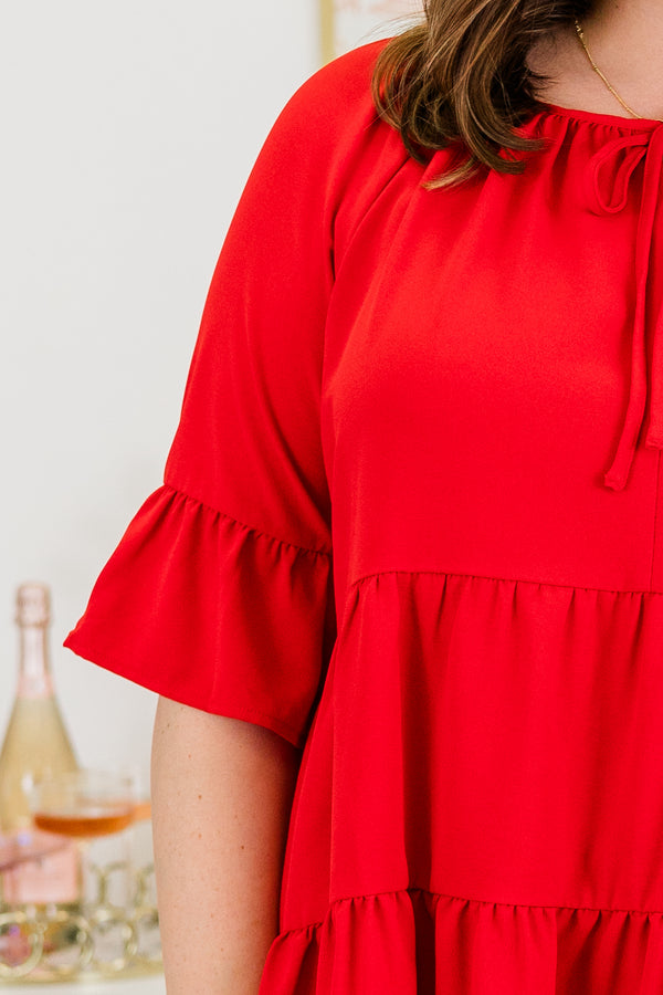 Chic Soul plus size clothing, short-sleeve red ruffled top with a tie on the neckline