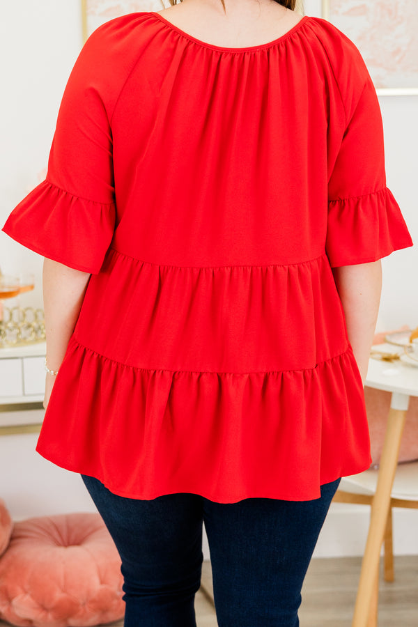 Chic Soul plus size clothing, short-sleeve red ruffled top with a tie on the neckline