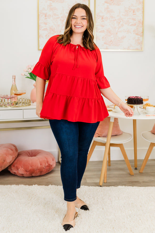 Chic Soul plus size clothing, short-sleeve red ruffled top with a tie on the neckline