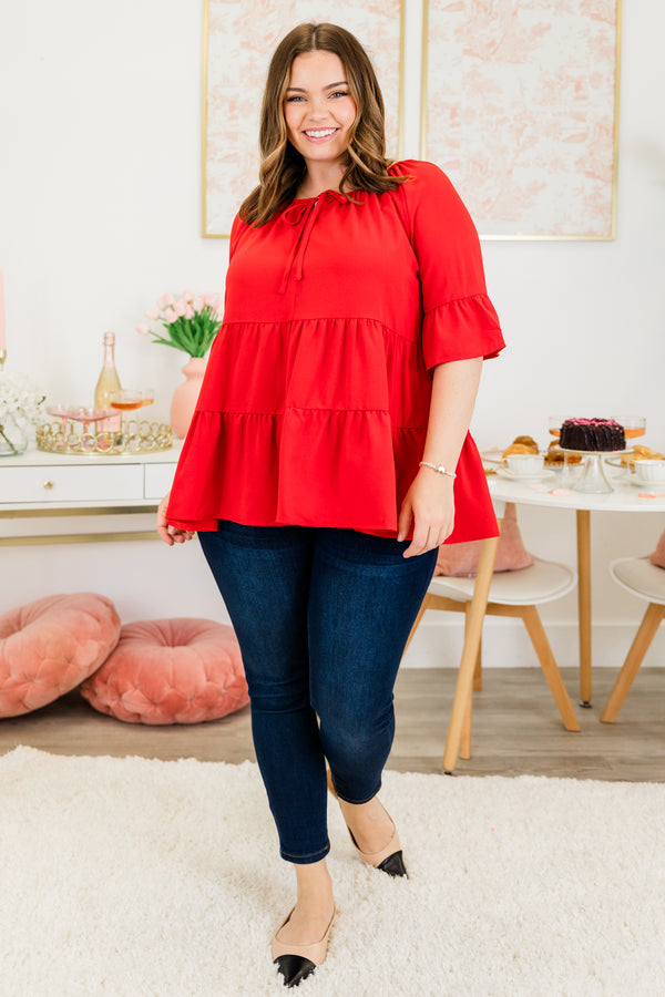 Chic Soul plus size clothing, short-sleeve red ruffled top with a tie on the neckline