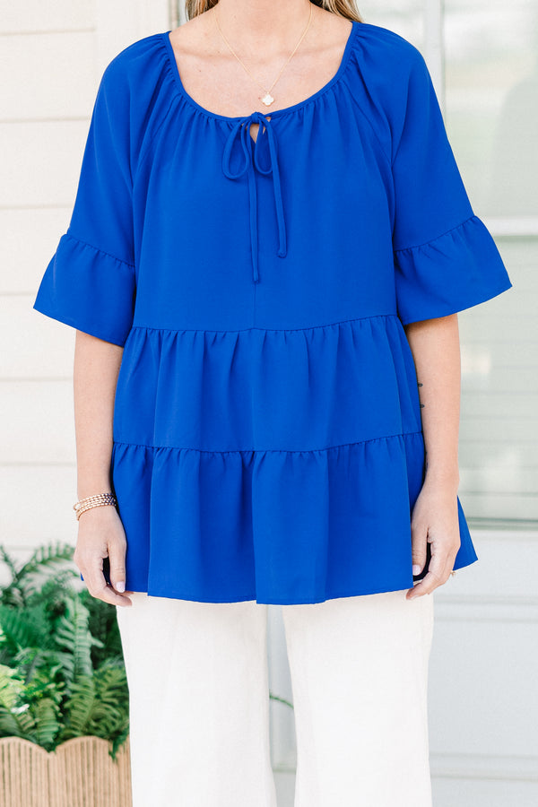Chic Soul plus size clothing, short-ruffled-sleeve royal blue ruffled baby doll top with a scoop-neckline with a tie 