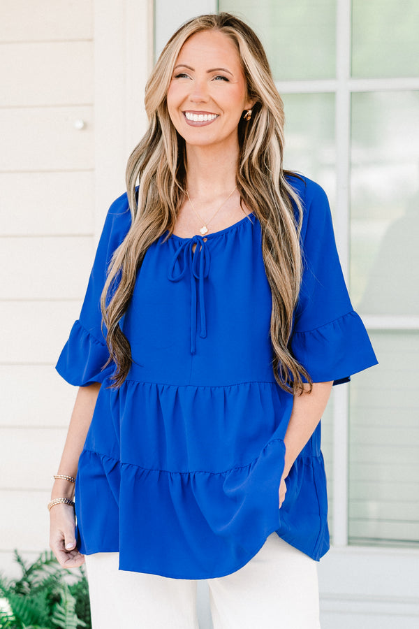 Chic Soul plus size clothing, short-ruffled-sleeve royal blue ruffled baby doll top with a scoop-neckline with a tie 