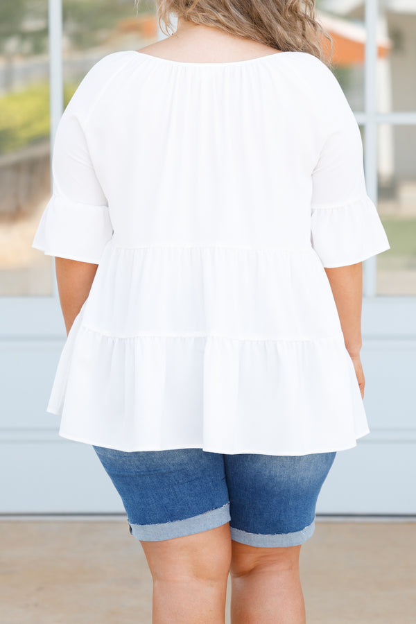 Chic Soul plus size clothing, white tiered flowy top with ruffle on sleeves and a tie at neckline