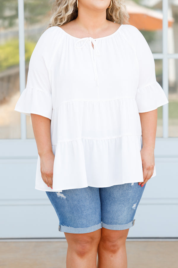Chic Soul plus size clothing, white tiered flowy top with ruffle on sleeves and a tie at neckline